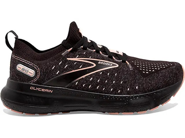 Women's Brooks Glycerin StealthFit 20, Black/Pearl/Peach, 6.5 B Medium