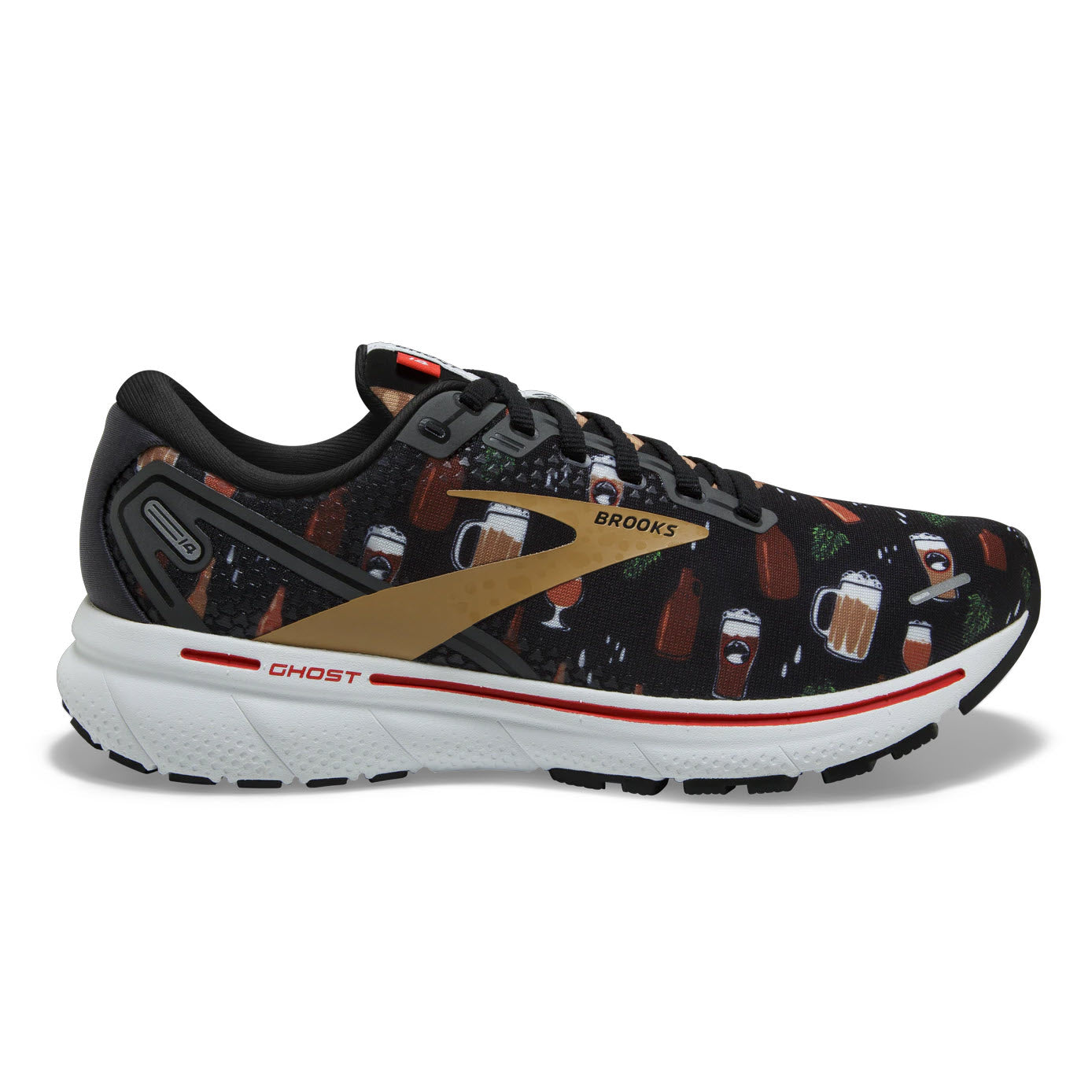 Women's Brooks Ghost 14, Black/White/Fiery Red, 10 B Medium