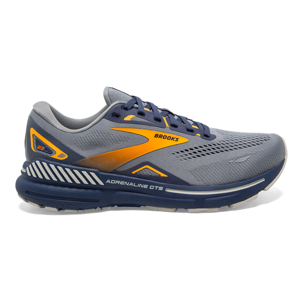 Men's Brooks Adrenaline GTS 23, Grey/Crown Blue/Orange, 10 D Medium