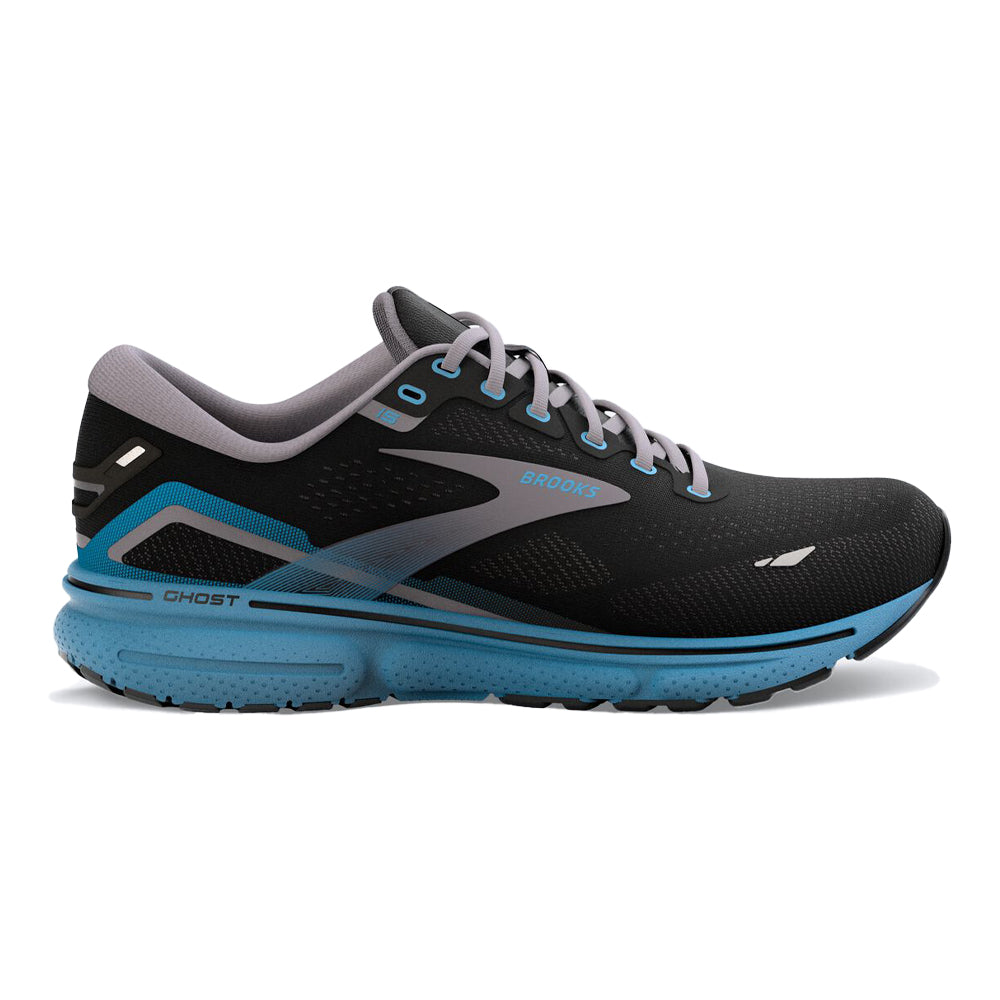 Men's Brooks Ghost 15, Black/Blackened Pearl/Blue, 14 D Medium
