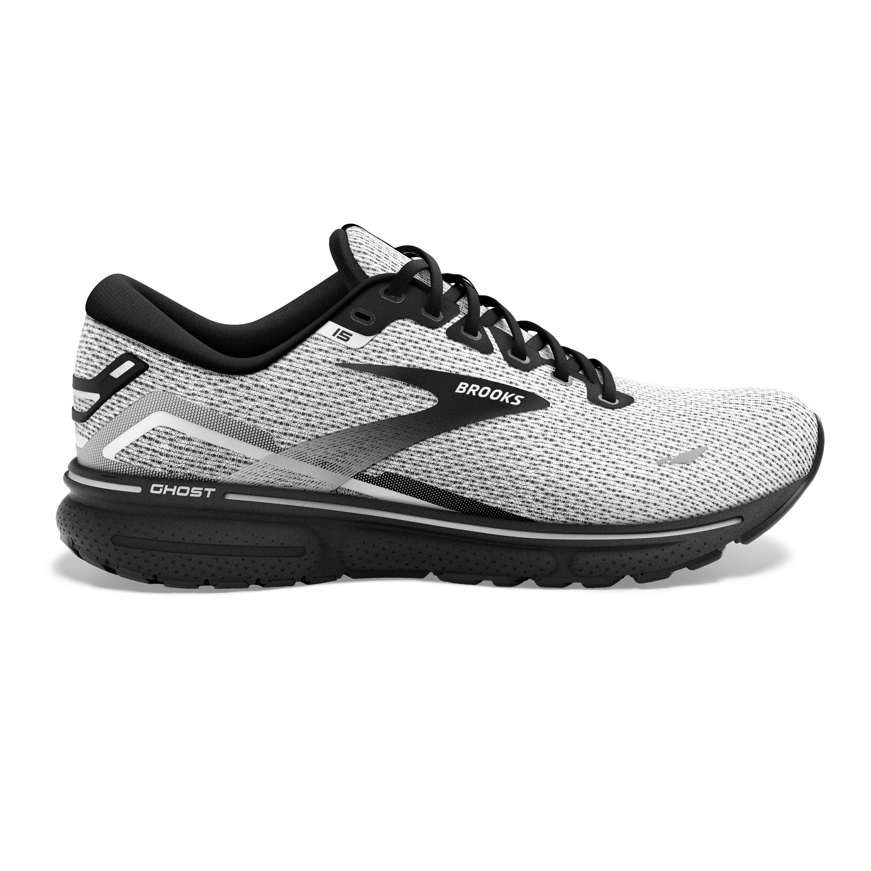 Men's Brooks Ghost 15, White/Black, 9 D Medium