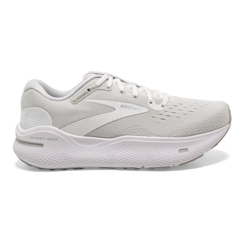 Men's Brooks Ghost Max, White/Oyster/Metallic Silver, 9.5 2E Wide