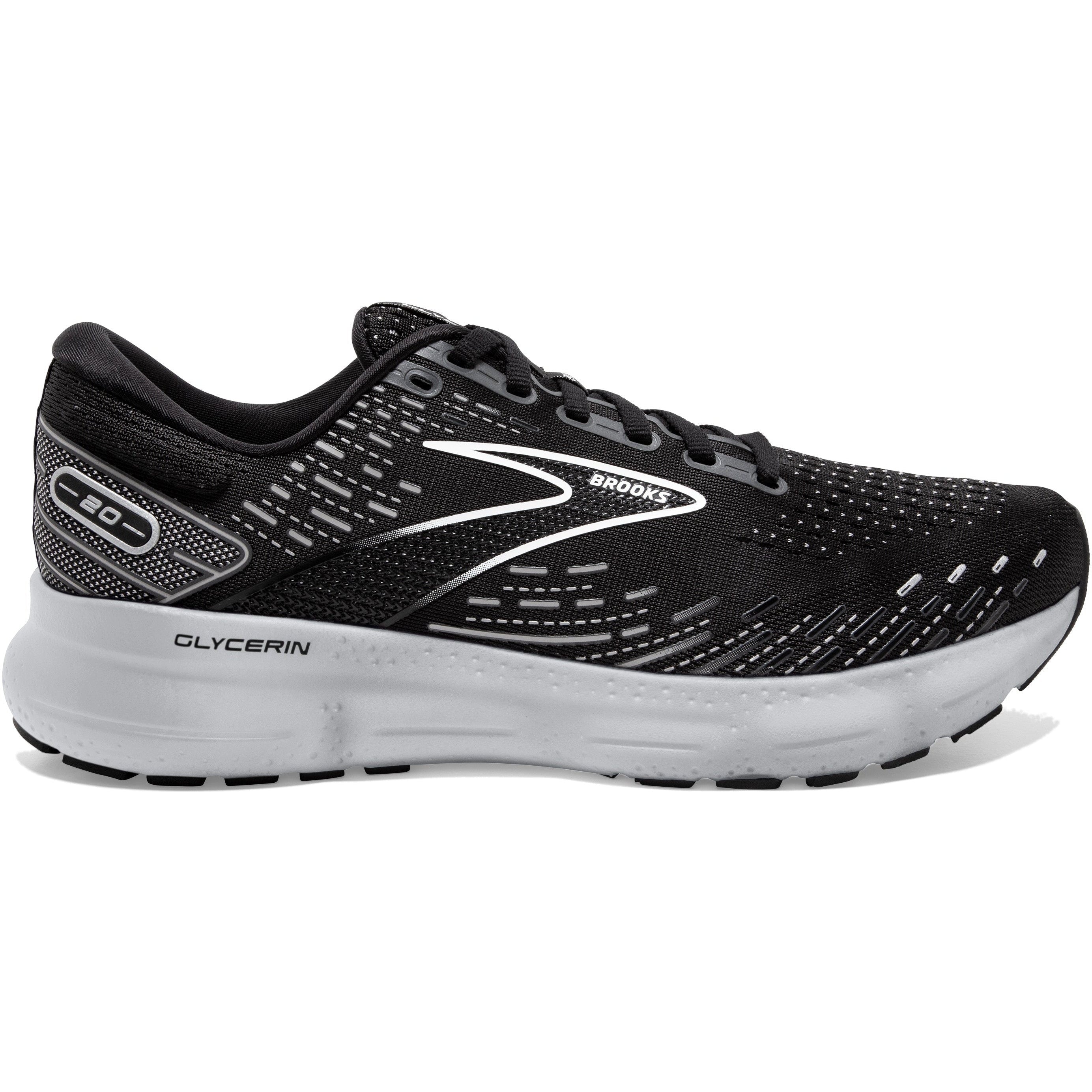 Men's Brooks Glycerin 20, Black/White/Alloy, 9.5 2E Wide