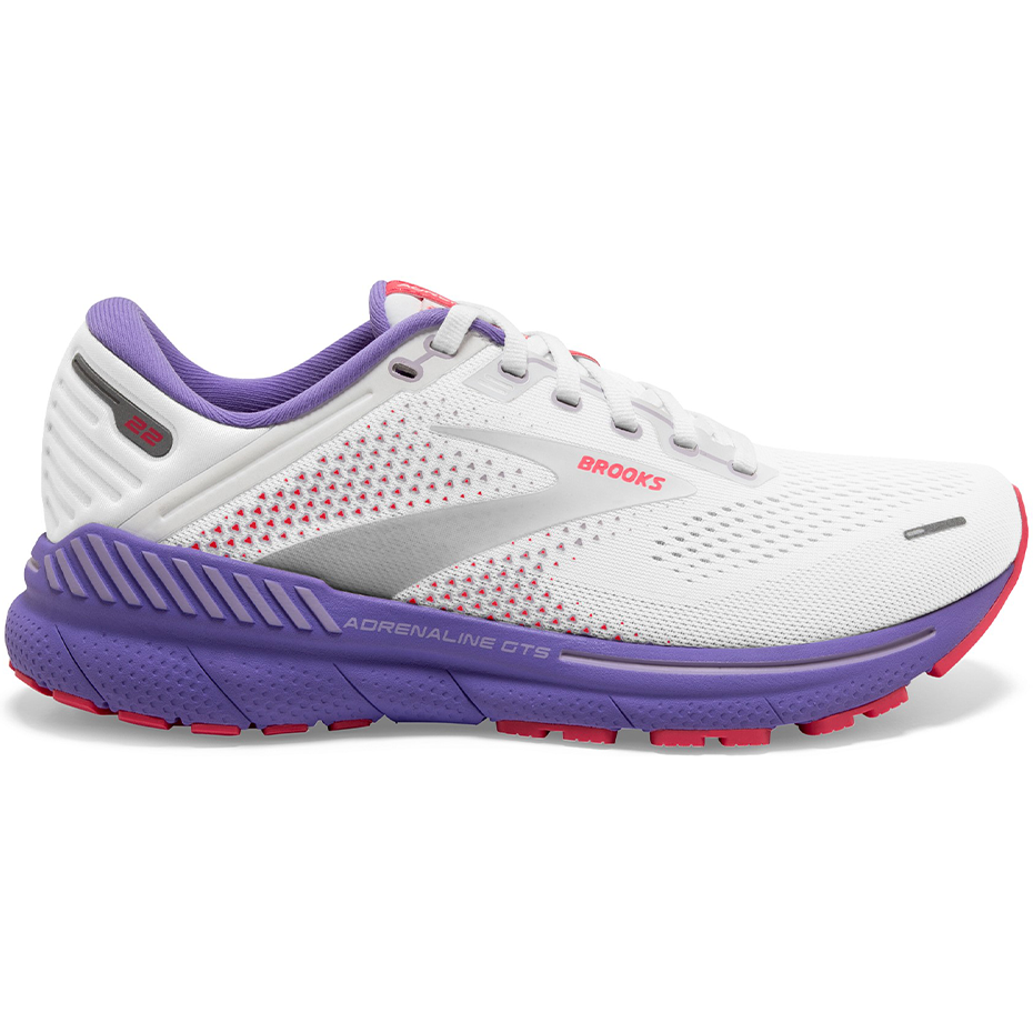 Women's Brooks Adrenaline GTS 22, White/Coral/Purple, 8 B Medium