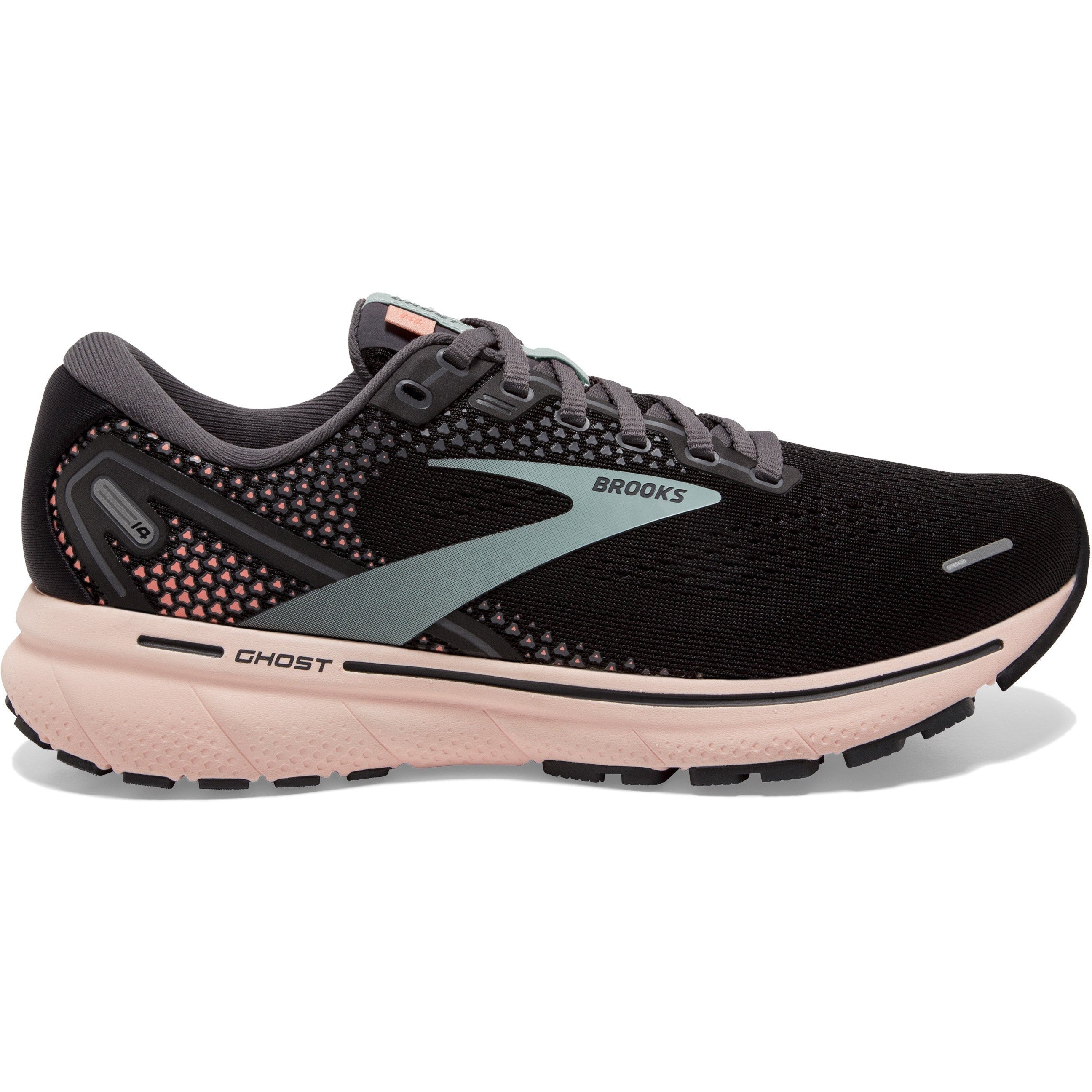 Women's Brooks Ghost 14, Black/Pearl/Peach, 12 B Medium