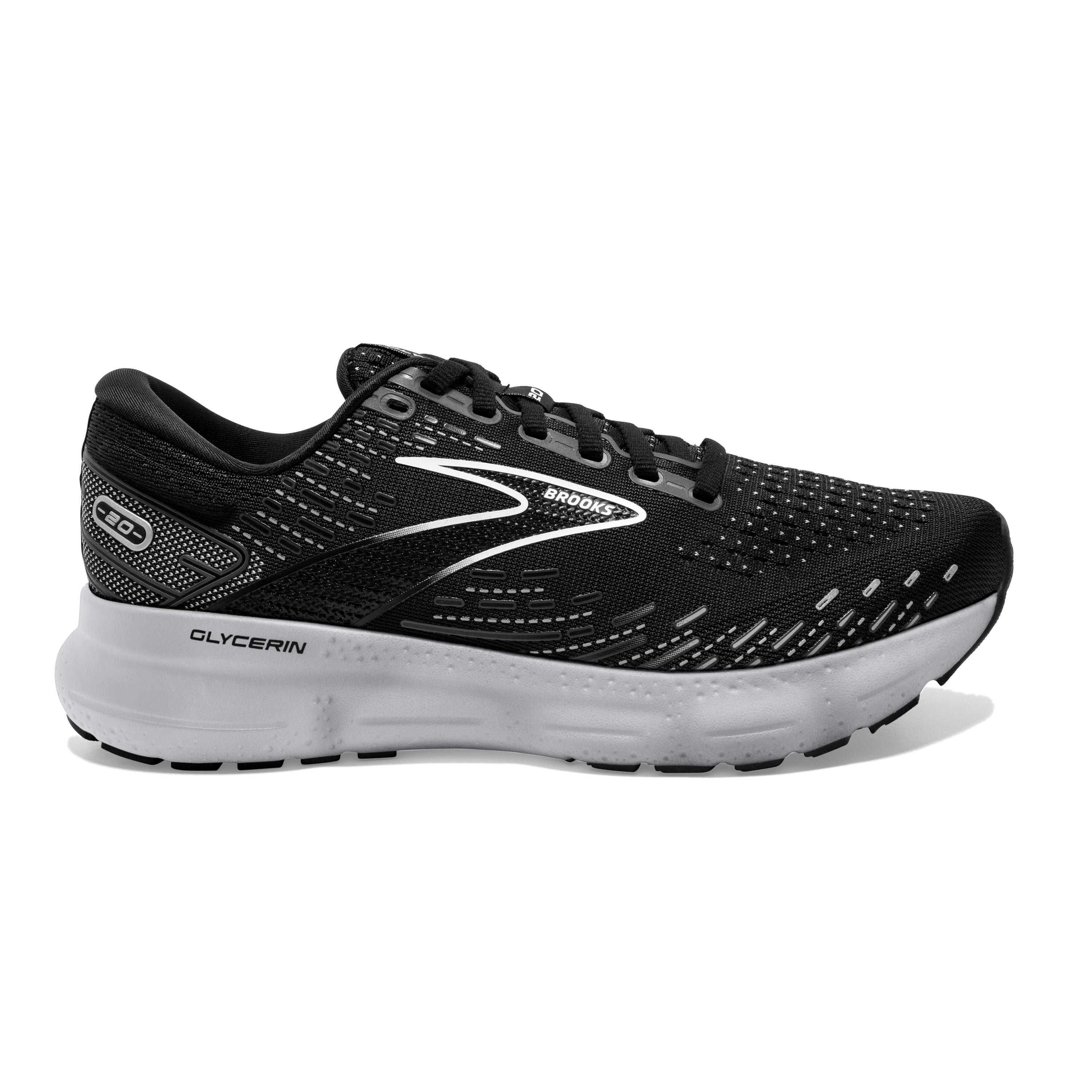 Women's Brooks Glycerin 20, Black/White/Alloy, 11 B Medium