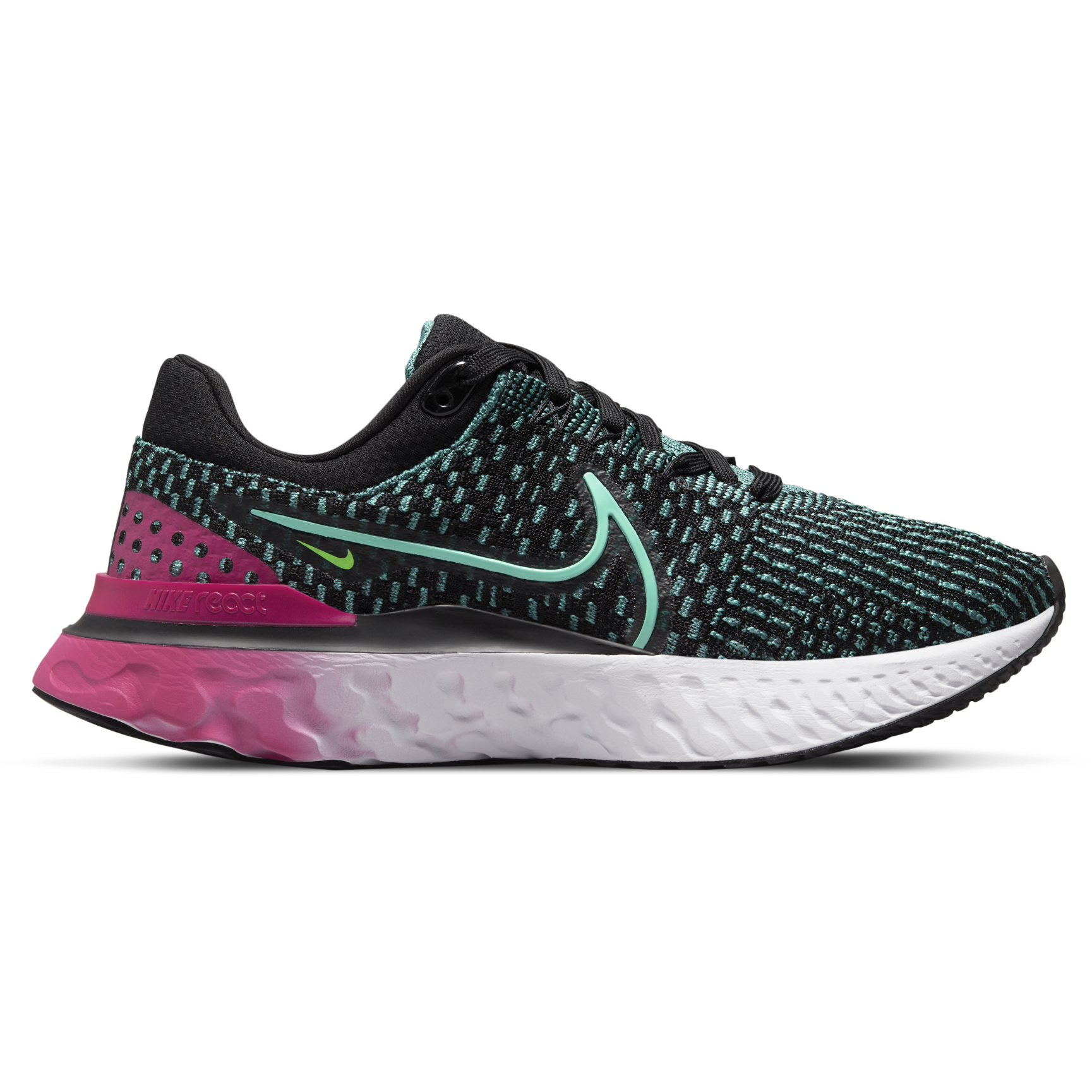 Women's Nike React Infinity Run Flyknit 3, Black/Dynamic Turquoise-Pink Prime, 8.5 B Medium